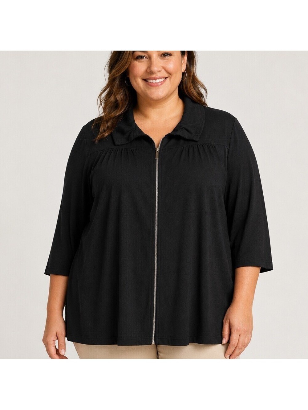 Ming Wang Black Ruffle Collar Zip Front Stretch Knit Nylon Jacket Women’s 2X